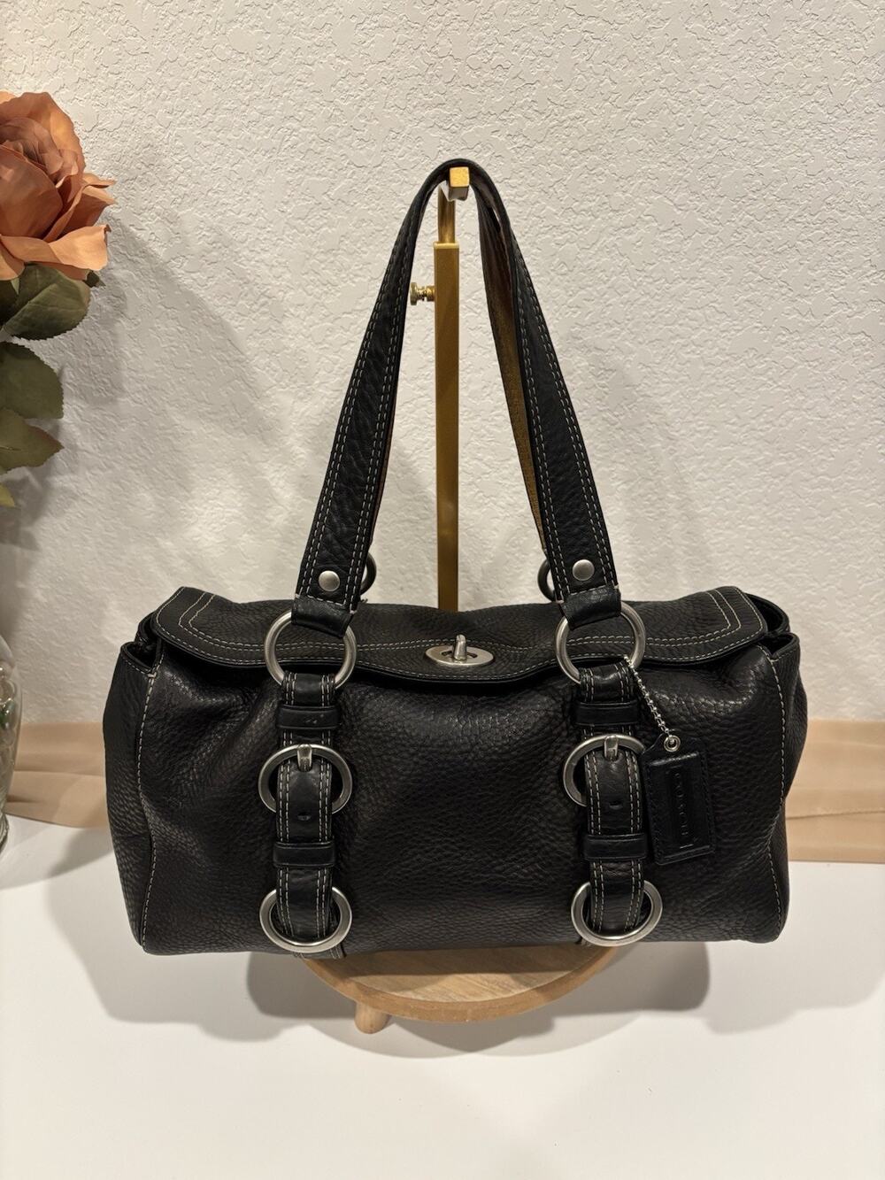 COACH Chelsea Satchel 10134 Black Pebbled Leather Turnlock Tote Shoulder Bag